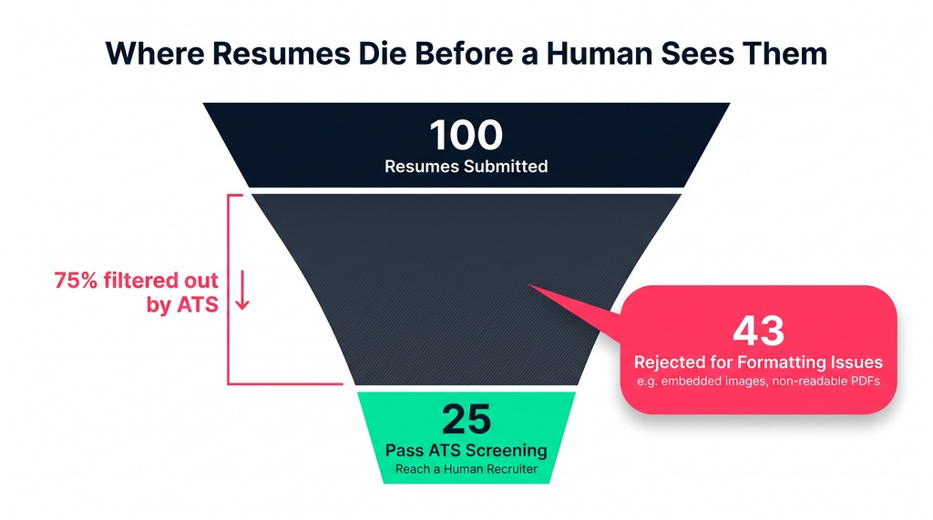 Funnel diagram showing resume attrition through ATS screening: of 100 resumes submitted, only 25 pass ATS screening, while 43 are rejected specifically due to formatting issues such as embedded images.