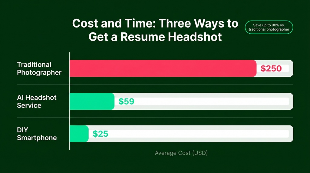 Horizontal bar chart comparing the average cost of three resume headshot methods: Traditional Photographer at $250, AI Headshot Service at $59, and DIY Smartphone at $25, illustrating significant savings with AI and DIY options.