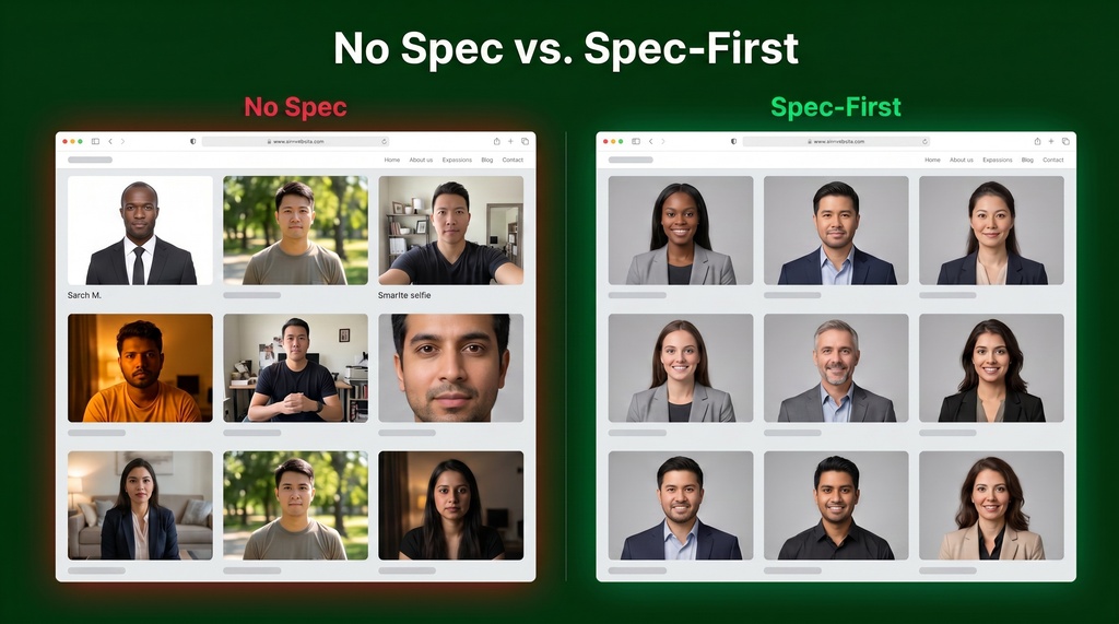 Side-by-side comparison of two company team pages: the left side labeled 'No Spec' shows a chaotic grid of mismatched headshots with varied backgrounds, crops, and lighting; the right side labeled 'Spec-First' shows a clean, uniform grid with consistent backgrounds, framing, and lighting.