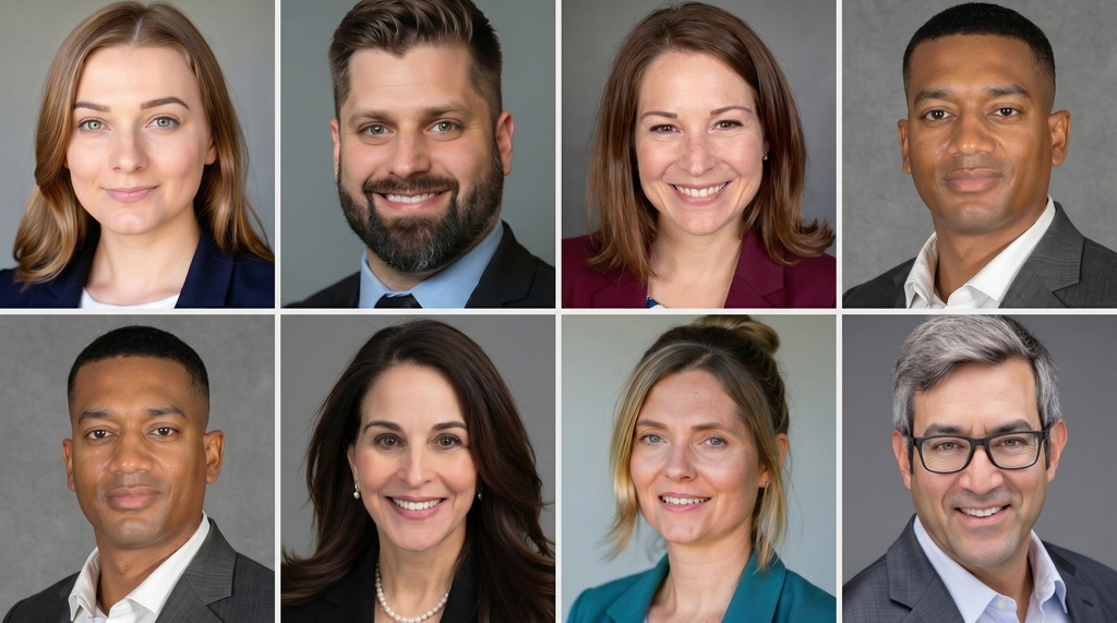 Grid of eight AI-generated professional headshots showing diverse team members — different ages, genders, and ethnicities — all with matching neutral studio backgrounds, identical lighting, and consistent framing, demonstrating visual cohesion across a distributed team.