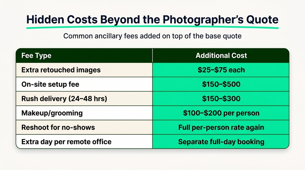 Comparison table listing six hidden costs beyond a photographer's base quote: extra retouched images at $25–$75 each, on-site setup fee at $150–$500, rush delivery at $150–$300, makeup/grooming at $100–$200 per person, reshoot for no-shows at the full per-person rate, and an extra day per remote office as a separate full-day booking.