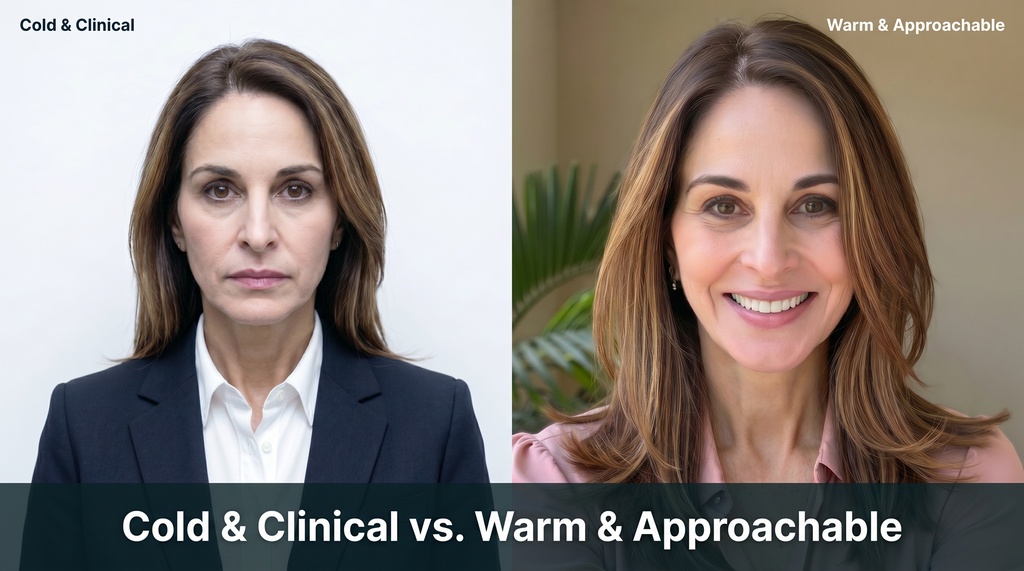Side-by-side comparison of two therapist headshots: left shows a stern, formally dressed therapist with harsh lighting against a stark white wall; right shows a warm, smiling therapist in business casual with soft window light and a warm-toned background.
