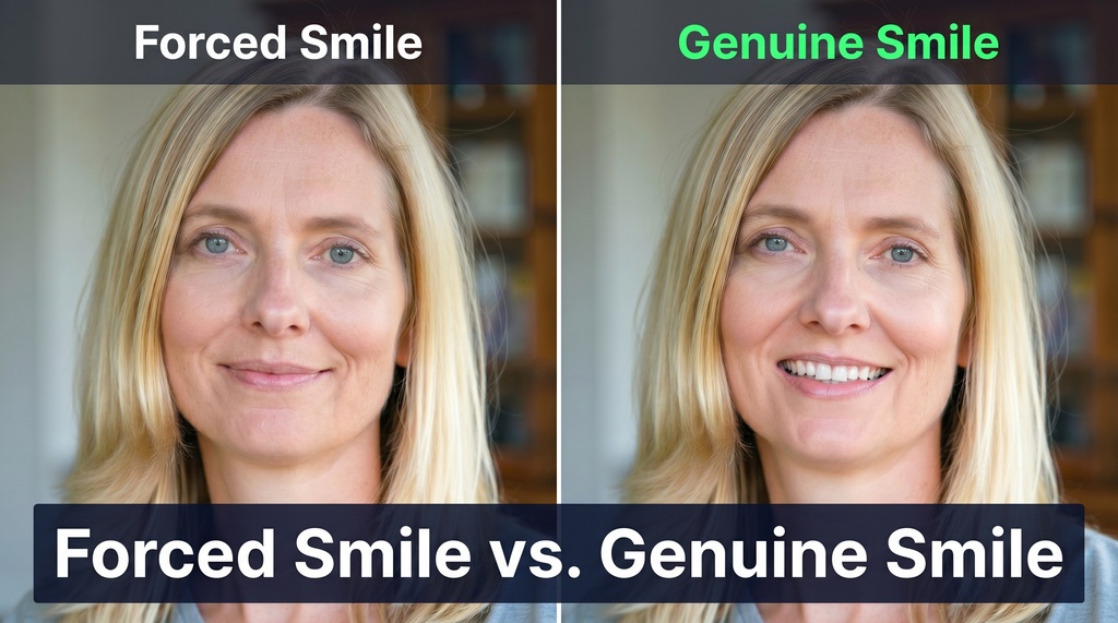 Side-by-side close-up headshots of the same therapist: left shows a stiff, mouth-only forced smile with flat, unengaged eyes; right shows a genuine Duchenne smile with crinkled eye corners, raised cheeks, and warmth throughout the face.