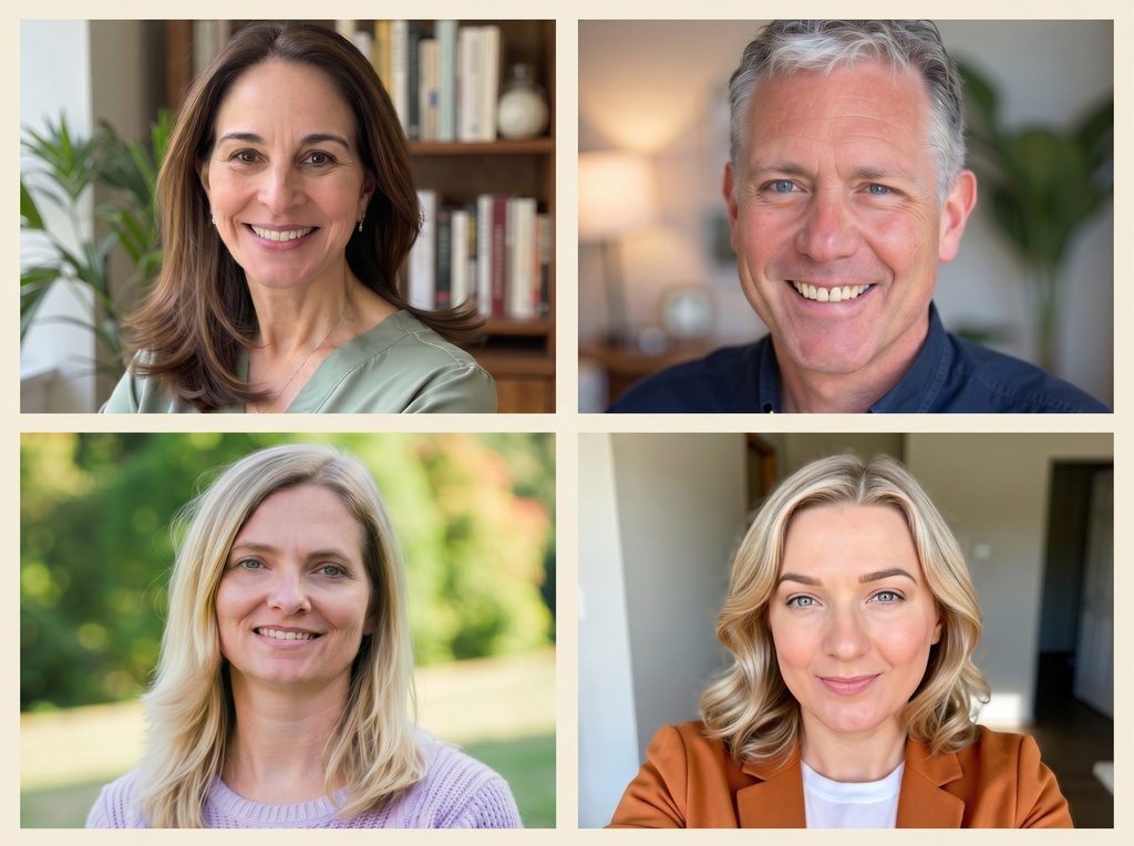 A 2x2 grid of four diverse therapists showing warm, approachable professional headshots. Each portrait features soft lighting, business casual attire, and a genuine smile. Subjects are diverse in age, gender, and ethnicity.