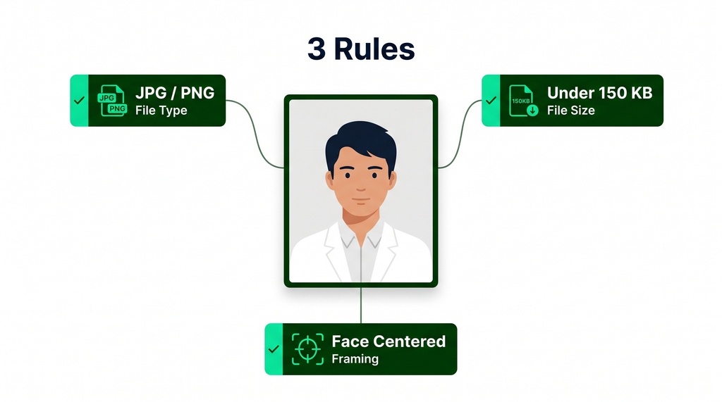 Infographic showing the three mandatory AAMC ERAS photo rules: JPG/PNG file type, under 150 KB file size, and face centered, with callout arrows pointing to a compliant headshot in the center.