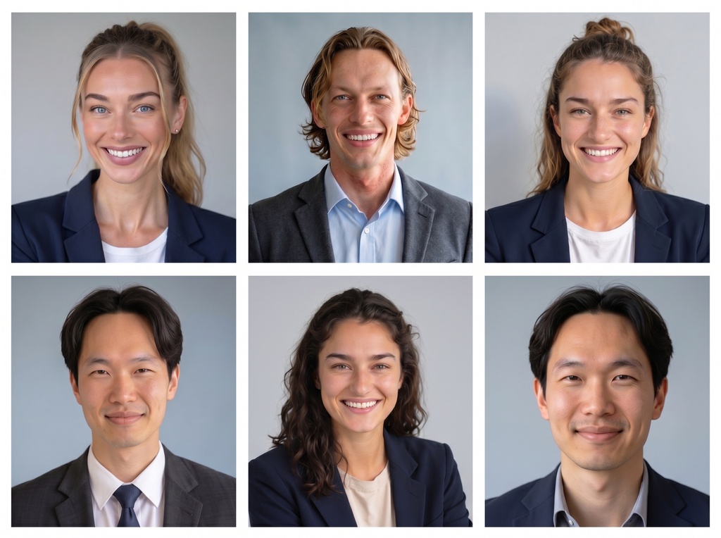 A 3x2 grid of six AI-generated professional headshots showing diverse medical professionals — men and women of varied ethnicities — wearing navy or charcoal blazers against clean light gray or light blue studio backgrounds, all with polished, ERAS-appropriate expressions.