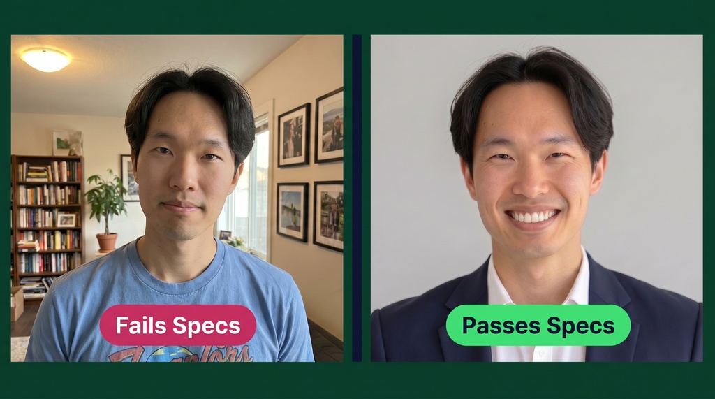 Side-by-side comparison of two medical student headshots: left shows a non-compliant ERAS photo with a cluttered background, casual shirt, and off-center face; right shows a compliant ERAS photo with a clean light gray background, navy blazer, and centered face.