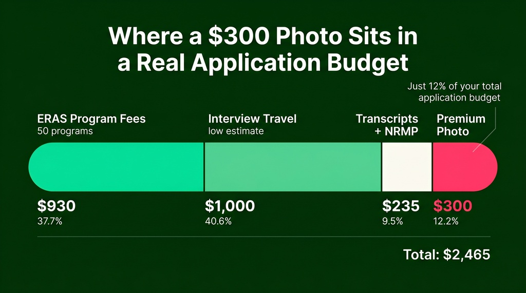 Proportional horizontal bar chart showing four components of a medical residency application budget. ERAS program fees ($930) and interview travel ($1,000) form the two largest segments, followed by transcripts and NRMP fees ($235), with a premium photo ($300) appearing as a comparatively small slice of the $2,465 total budget.