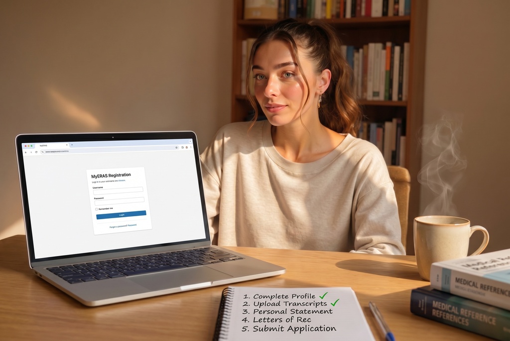 Medical student completing MyERAS registration on a laptop with a step-by-step checklist nearby