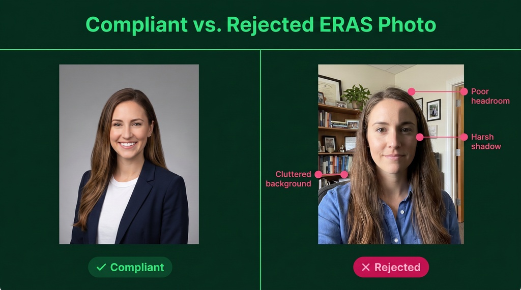 Side-by-side comparison of two ERAS application headshots: left shows a compliant photo with clean neutral background, centered framing, and soft even lighting labeled 'Compliant'; right shows a rejected photo with harsh shadows, off-center framing, and cluttered background labeled 'Rejected'.