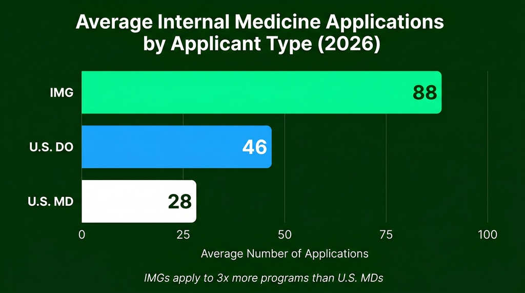 Horizontal bar chart showing average number of Internal Medicine residency applications by applicant type in 2026: IMG applicants average 88 applications, U.S. DO applicants average 46, and U.S. MD applicants average 28.
