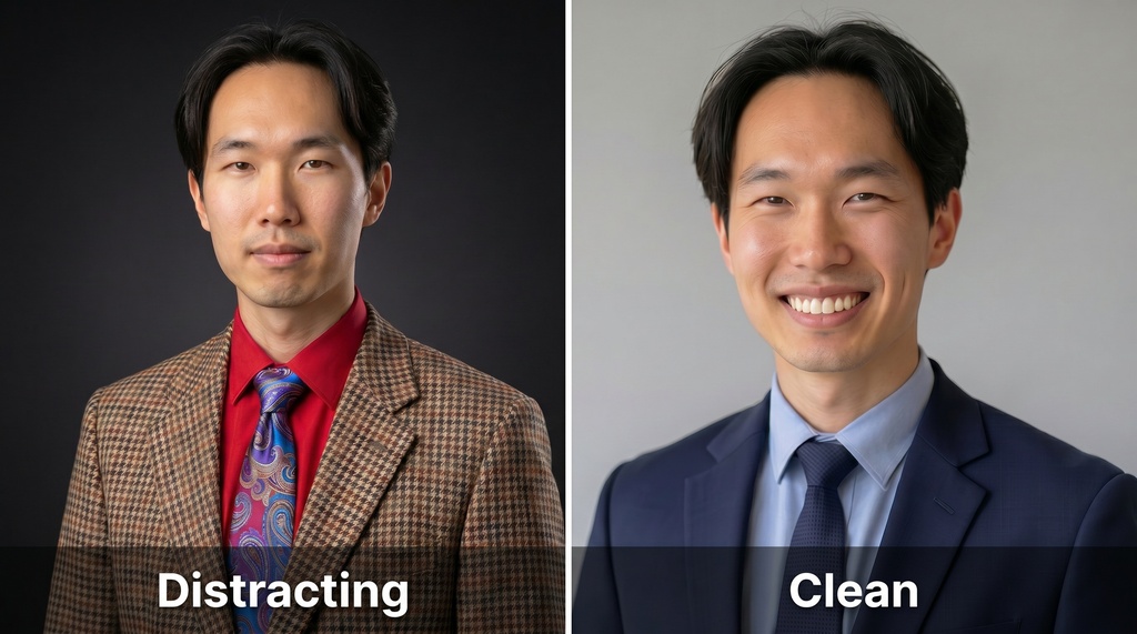Side-by-side comparison of two ERAS residency application headshots: left shows a distracting outfit with a shiny patterned tie, bright colored shirt, and busy plaid jacket on a dark background; right shows a clean, professional navy blazer, light blue shirt, and solid tie on a light gray background.
