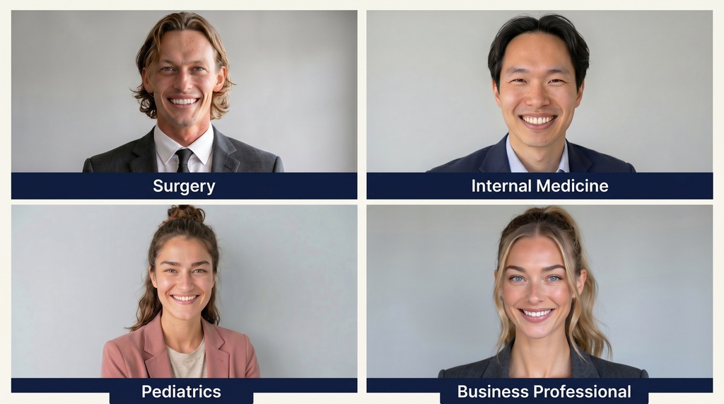 Grid of four ERAS-style professional headshots showing specialty-appropriate attire: a surgical applicant in a dark suit and tie, an internal medicine applicant in a navy blazer and light blue shirt, a pediatrics applicant in a warm mid-tone blazer, and a female applicant in a charcoal blazer with modest neckline — all against clean light-gray studio backgrounds.