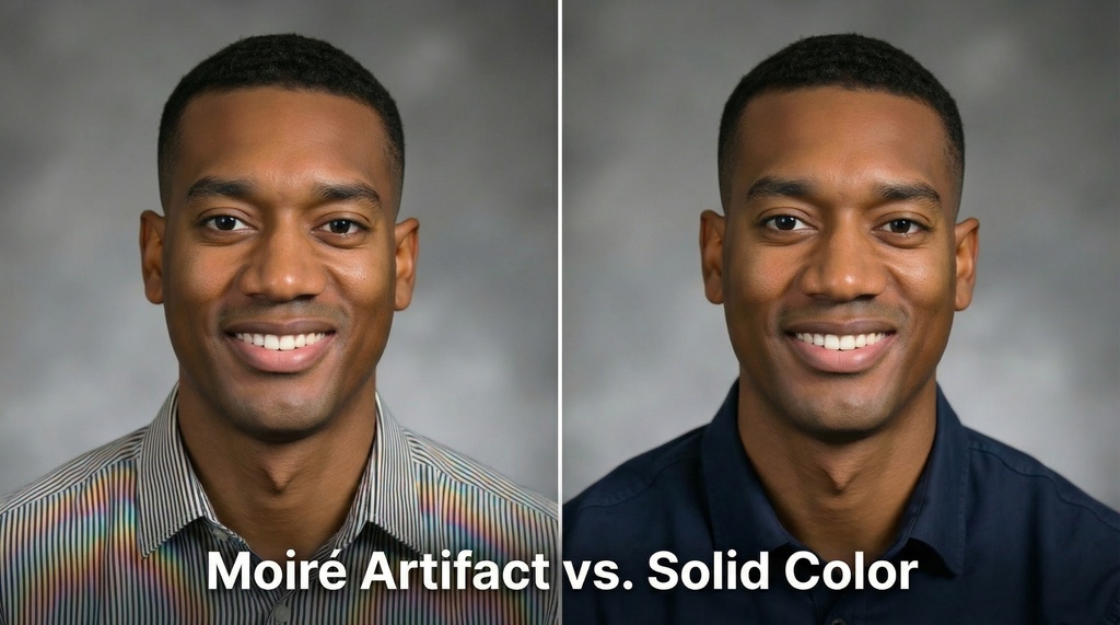Side-by-side comparison showing a professional headshot with visible moiré rainbow distortions from pinstripe clothing on the left versus clean, artifact-free results with solid navy clothing on the right