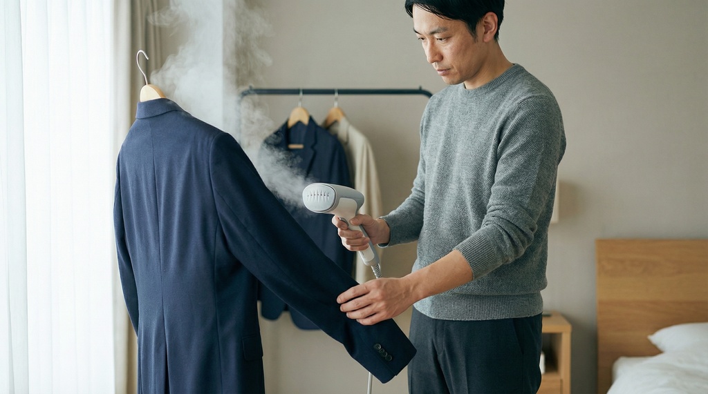 Person using a handheld garment steamer on a navy blazer hanging on a wooden hanger, with additional outfit options visible in background