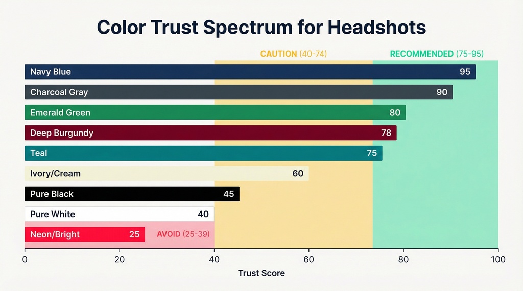 Horizontal spectrum chart showing trust perception scores for 9 clothing colors in professional headshots, ranging from Navy Blue at 95 down to Neon/Bright at 25, with trust zones indicated