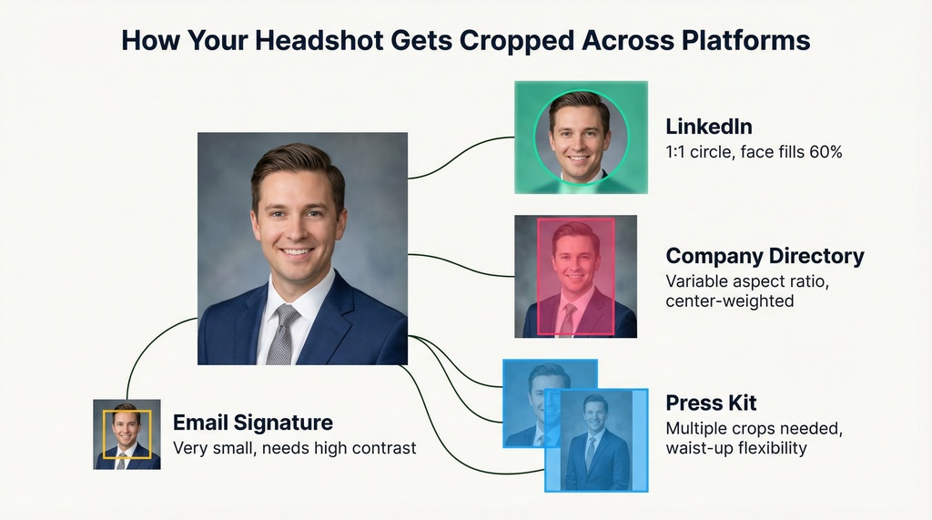 Diagram showing the same professional headshot with four different colored crop overlays representing how the image appears on LinkedIn (circular), Company Directory (rectangular), Press Kit (multiple crops), and Email Signature (small rectangle)